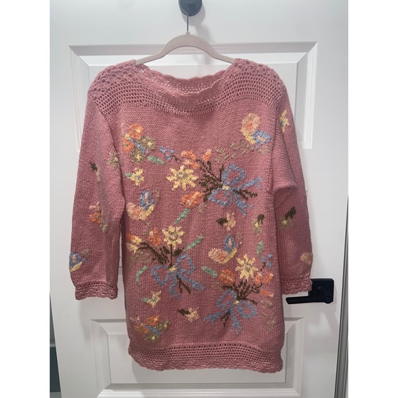Melbourne Elements Sweaters - Melbourne Elements Hand Knit Floral Sweater Pink Crochet Trim Ramie Cotton Small